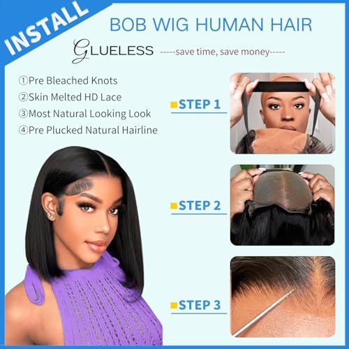 Wear and Go Glueless Bob Wig Human Hair Pre Plucked Pre Cut 4x4 Lace Closure Bob Wigs For Black Women Human Hair Glueless Straight Bob Lace Front Wigs For Beginner Short Wig Human Hair (10 Inch)