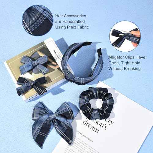 DEEKA School Uniform Plaid Hair Bows & Knotted Plaid Headband & Scrunchies Fable Hair Bow Set Alligator Clips for Toddler Girls Hair Accessories for Little School Girls (Navy Blue)