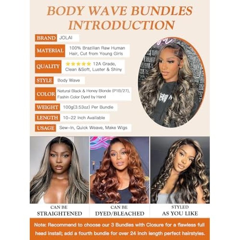 1b/27 Honey Blonde Highlight Human Hair Bundles Body Wave 12 14 16 Inch, Black and Blonde Balayage Loose Wave Sew In Weave Tracks, 12A 100% Unprocessed Brazilian Raw Virgin Hair, P1b/27