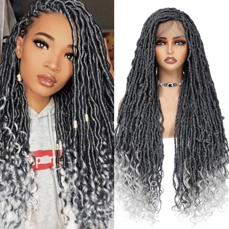 ROSEBONY 36" Full Lace Goddess Faux Locs Wig for Black Women Premium Hand-Braided Japanese Synthetic Fiber Wigs with Baby Hair Glueless Design Goddess Inspired Style Wigs with Curly Ends