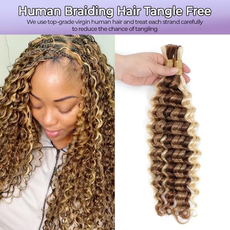 P27/30/613 Human Braiding Hair for Boho Braids Highlight Brown Blonde Deep Wave Bulk Human Hair for Braiding Crochet Curly Braiding Human Hair Knotless Bohemian Braids100g (2 of 50g) 20 Inch