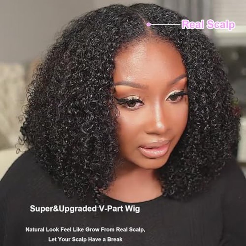 Domiso V Part Human Hair Wig Afro Kinky Curly V Part Wig No Glue No Sew Clip in Half Wig No Leave Out Elastic Band and Removable Clips for Secure Beginner Wig 18 Inch