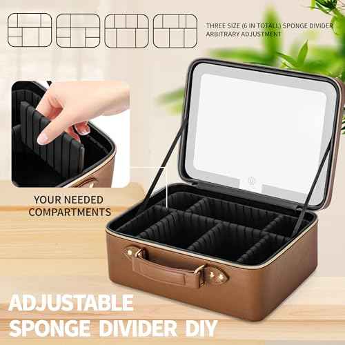 Makeup Bag with LED Mirror & Magnifier, Large Cosmetic Organizer Travel Makeup Case with Adjustable Brightness & 6 Detachable Dividers, Portable Makeup Storage for Women Girls (Brown)