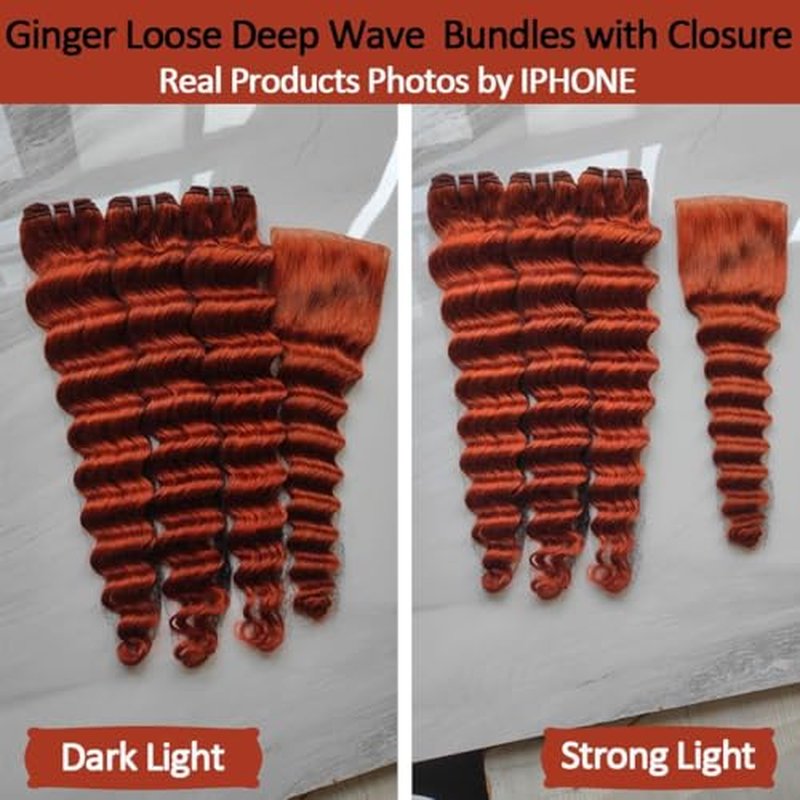 Ginger Bundles with Closure Human Hair Loose Deep Wave(12 14 16+12) 10A #350 Colored Free Part 4x4 Lace Closure and 3Bundles for Black Women