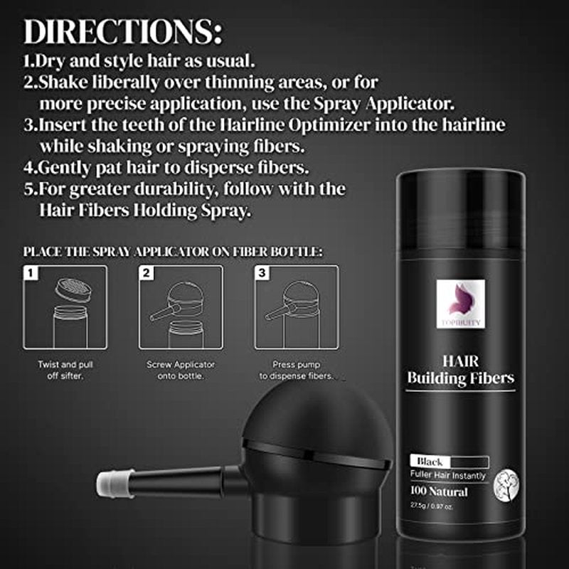 Hair Thickening Fibers & Applicator Set - Natural Long-Lasting Concealer for Fuller Hair, Thicker Beard & Crisp Hairlines (BLACK)