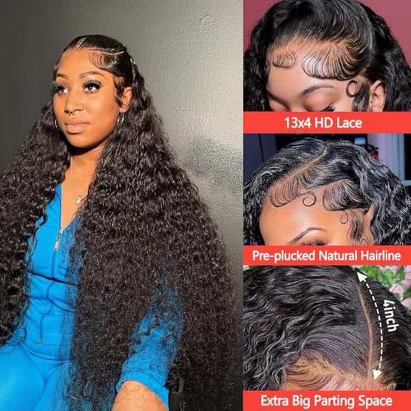 Deep Wave Lace Front Wigs Human Hair 200% Density 13x6 HD Transparent Deep Wave Frontal Wigs Human Hair With Baby Hair(24 Inch)