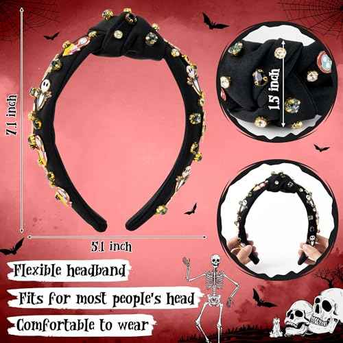 Halloween Christmas Headband for Women - Xmas Nightmare Spooky Ghost Knot Headbands Rhinestone Crystal Knotted Headband Embellished Wide Top Knot Hairbands Xmas Hair Accessories Outfits Party Gifts