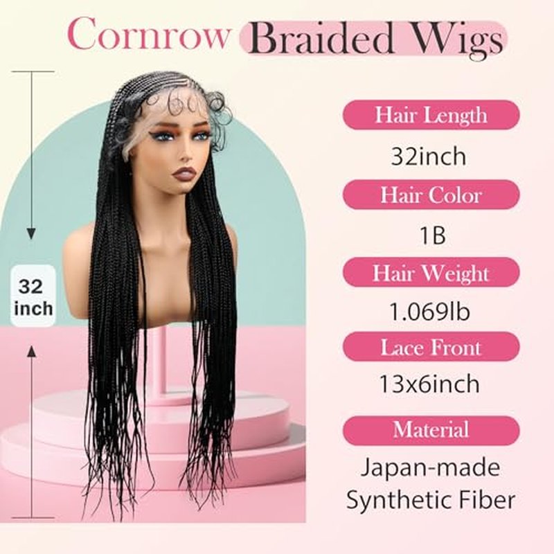 13X6 HD Lace Front Cornrow Braided Wigs for Women Knotless Braided Wigs 32" Box Braid Wig with Baby Hair Premium Synthetic Lemonade Braids Natural Looking Hair Black Braided Lace Front Wigs
