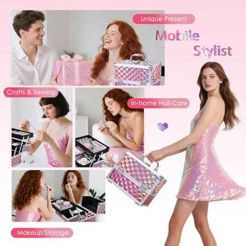 Makeup Case with Lighted Mirror Travel Makeup Organizer Box 2 Trays Lockable Cosmetic Train Case with Movable LED Mirror for Girls Make Up Nail Kits Sewing Vanity Storage Case Shiny Pink