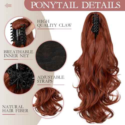 FELENDY Ponytail Extension Claw 18" Copper Red Curly Wavy Clip in Hairpiece One Piece A Jaw Long Pony Tails for Women