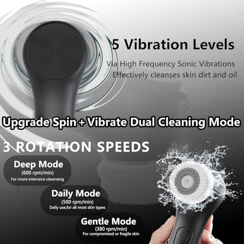 Vibrating and Rotating Face Scrubber, Waterproof Rechargeable Facial Cleansing Brush, 8 Modes Face Brush for Exfoliating and Massaging, for Removing Blackhead£¨Matte Black£©