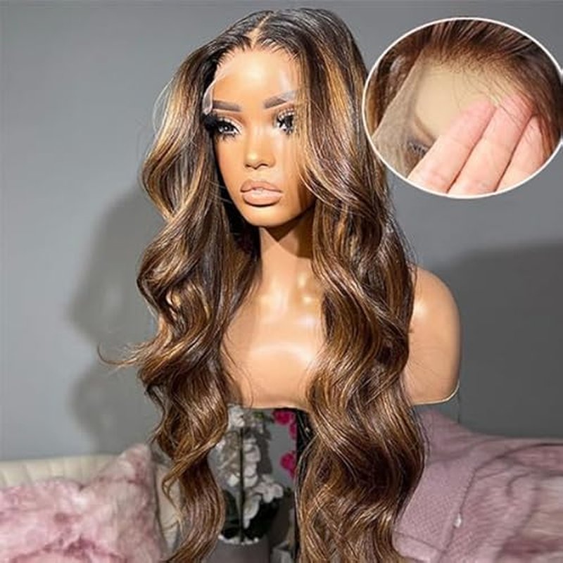 Highlight Ombre Lace Front Wig Human Hair 13x4 HD Transparent 180% Density Body Wave Wigs Human Hair with Baby Hair Pre Plucked for Women 4/27 Honey Blonde Lace Frontal Colored Wigs (26Inch)
