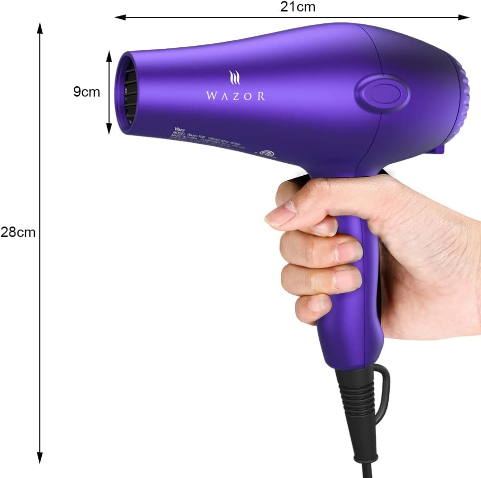 Wazor Lightweight Hair Dryer - 1875W Ionic Blow Dryer with Diffuser | 2 Speed, 3 Heat Settings, Purple