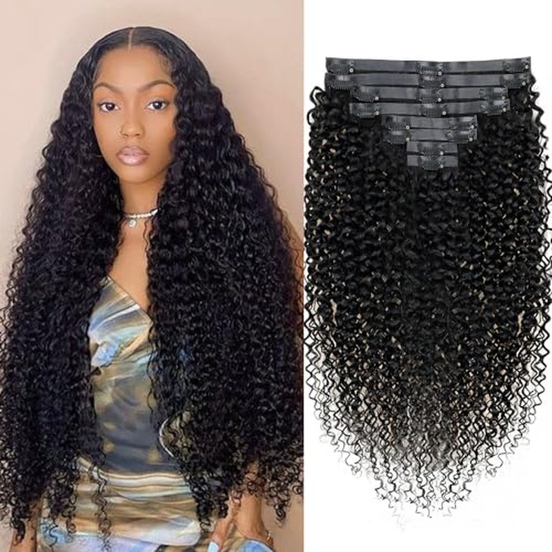 Seamless Clip In Hair Extensions Real Human Hair Invisible PU Kinky Curly Clip Ins Human Hair Extensions 8pcs with 18Clips Per Set 120g(26inch,Natural Black)