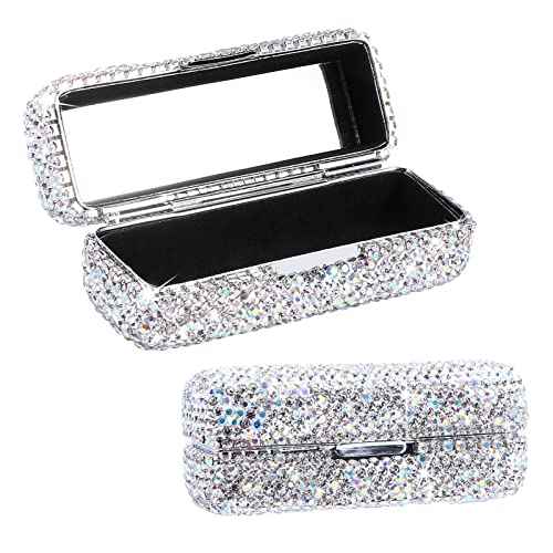 Rhinestone Lipstick Case with Mirror, Bling Crystal Lipstick Case Diamonds Makeup Cosmetic Storage Box Holder for Purse Ladies Fashion (Silver Color)
