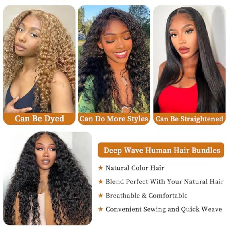 12A Deep Wave Human Hair Bundles 18-22Inch Curly Bundles 100% Unprocessed Brazilian Virgin Human Hair, 300g, Black, Sew-In, Deep Wave, Curly, Wavy