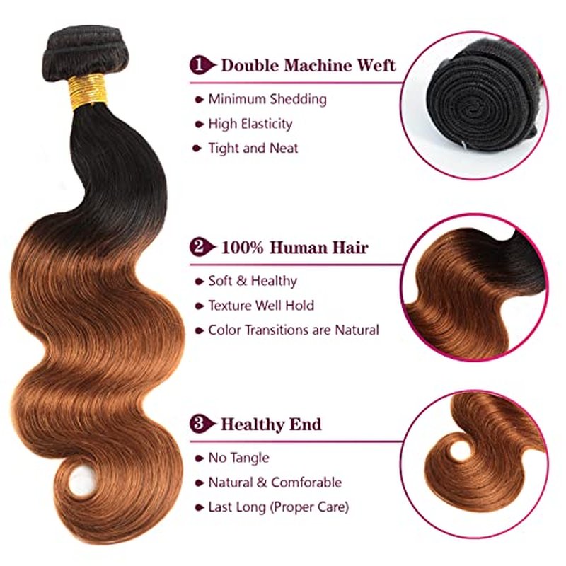Ombre Human Hair Bundles with Closure Body Wave 3 Bundles 1B/30 Brazilian Virgin Human Hair Two-tone Dark Root with 4x4 Lace Closure(T1B/30, 16 18 20 +14)