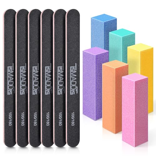 TsMADDTs Nail Files and Buffers, Professional Manicure Tools Kit Rectangular Art Care Buffer Block Tools 100 180 Grit 12PCS(Black)