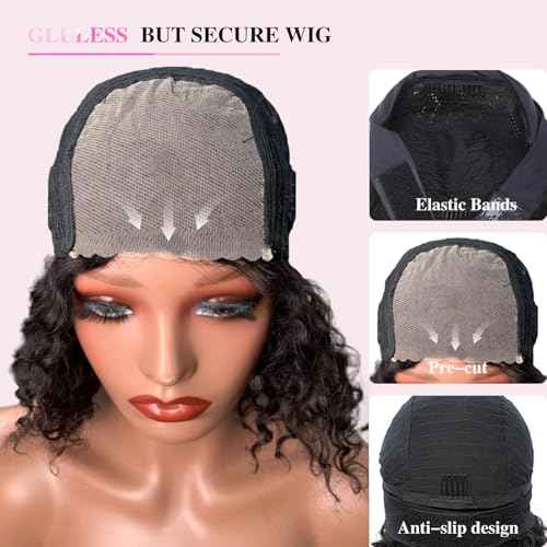 Deep Wave 5x5 HD Lace Closure Curly Wigs for Black Women Glueless Wigs Human Hair Pre Plucked Pre Cut 180 Density Short Curly Human Hair 8 Inch Natural Black