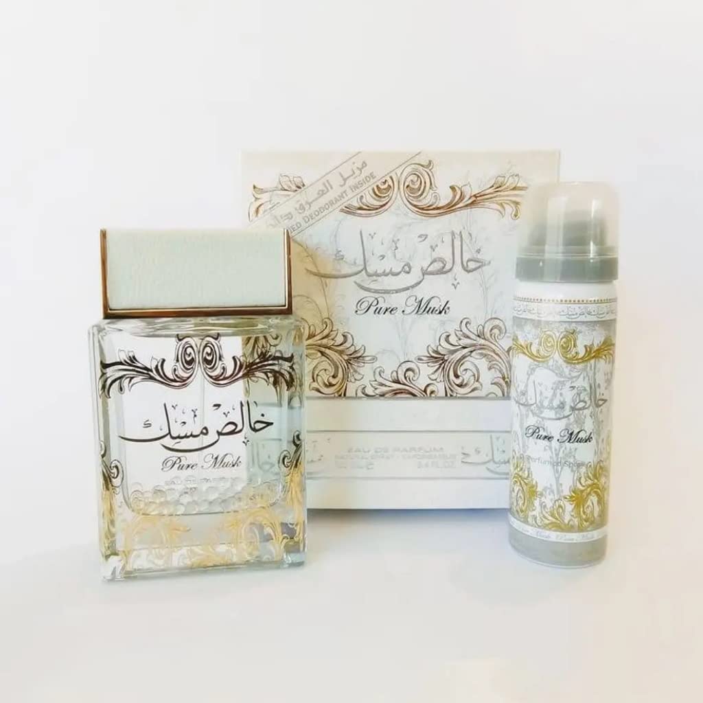 Lattafa Perfumes Pure Musk 2 Piece Set for Unisex (3.4 Ounce Eau de Parfum Spray + 1.7 Ounce Perfumed Body Spray)