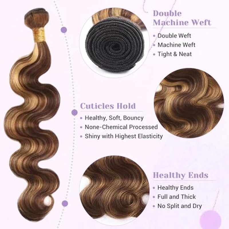 Highlight P4/27 Body Wave Bundles Human Hair 100% Unprocessed Raw Material Body Wave Human Hair Bundle For Quick Weave Double Weft Brown Honey Blonde Piano Color 14 16 18 Inch