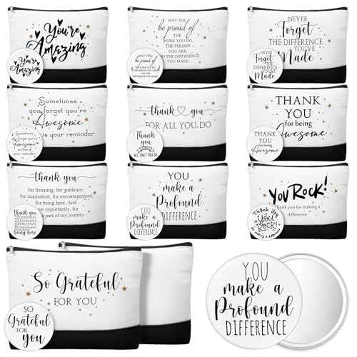 Paterr 20 Pcs Employee Appreciation Gift Bulk for Women Inspirational Canvas Makeup Bags with Zipper and Mini Compact Mirrors Thank You for Vet Tech Team Teacher Student Medical Assistant Gifts