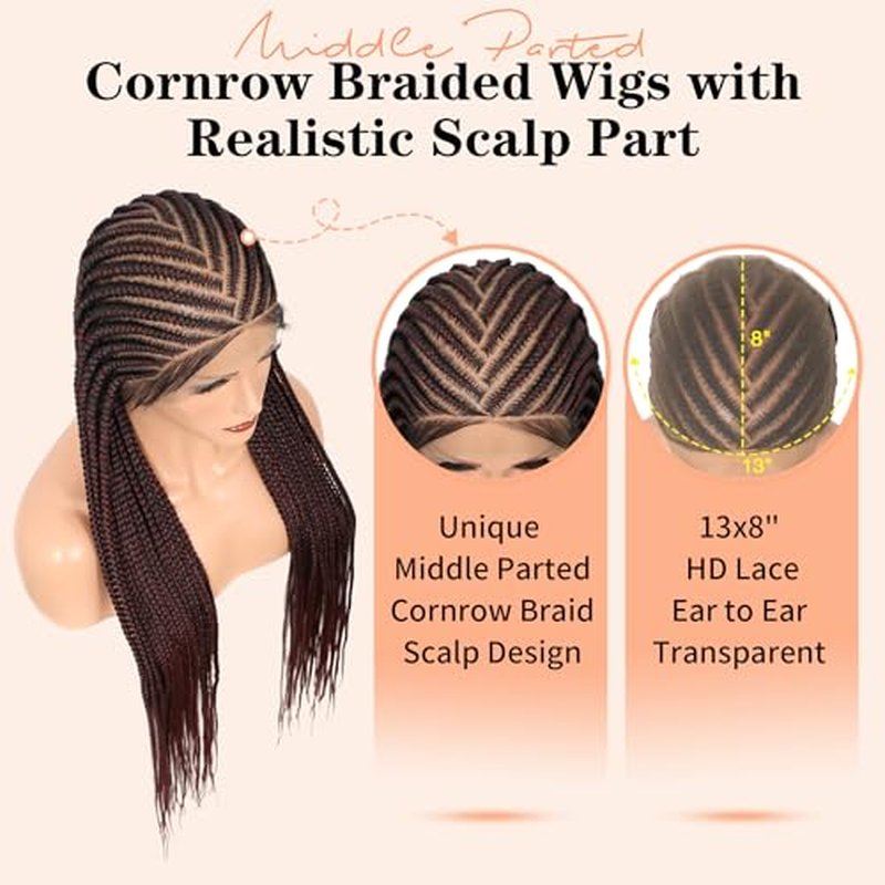 13X8 HD Lace Cornrow Braided Wigs for Women Braided Lace Front Wigs Middle Parted Box Braid Wig Synthetic Hair Full Lace Braided Wig Burgundy 36 Inch
