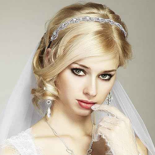 2pcs Elastic Rhinestone Headbands Sparkly Wave Head Chain Crown Alloy Disco Silver Crystal Hair Band Accessories for Wedding Prom First Communion Pageant Women Girls