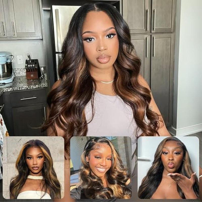 BQRIH 12A Brown Highlight Body Wave Bundles Human Hair 14 16 18 In Brazilian Virgin Wavy Weaves F1B/30 Black and Honey Blonde Ombre 3 Bundles Soft Balayage Colored Human Hair Extensions For Women Remy