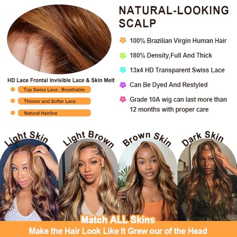 Highlight Ombre Lace Front Wig Human Hair 26In Honey Blonde Wig Human Hair Body Wave Lace Front Wigs Human Hair 180 Density Frontal Wigs Human Hair for Women 4/27 Colored Pre Plucked with Baby Hair