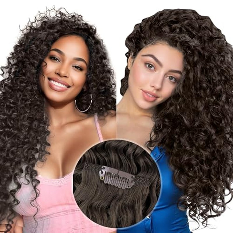 Hetto Thick Curly Hair Extensions Brown Curly Clip in Hair Extensions Human Hair Natural Wavy #2 Darkest Brown Curly Clip Hair for Women 7Pcs 135g 18 Inch