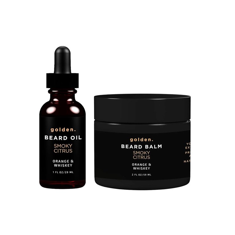 Golden Grooming Beard Bundle - Natural Growth Kit with 2oz Balm & 1oz Oil | Shea Butter Conditioner, Smoky Citrus