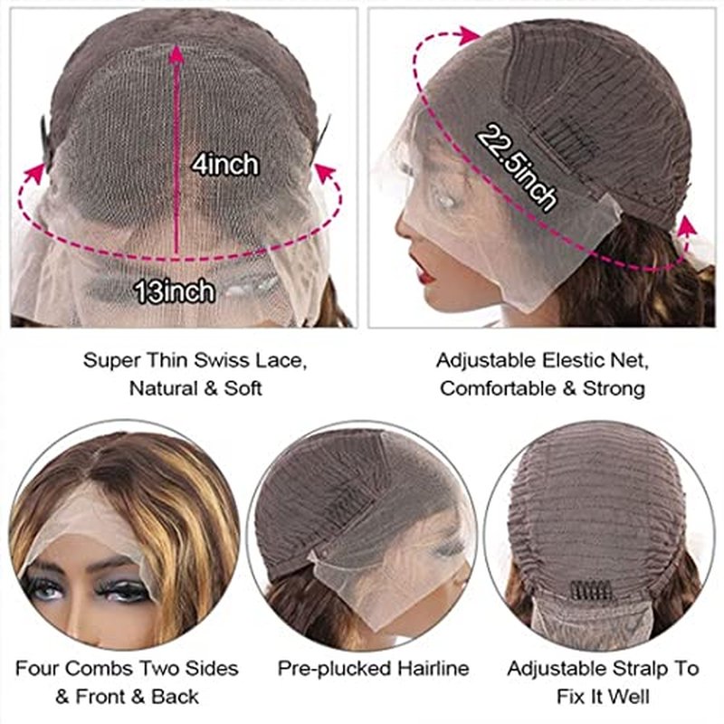Highlight Ombre 13x4 Deep Wave Lace Front Wig Human Hair for Women 180% density HD Transparent Honey Blonde P4/27 Glueless 13x4 Curly Frontal Wig Pre Plucked with Baby Hair Super Soft 20inch