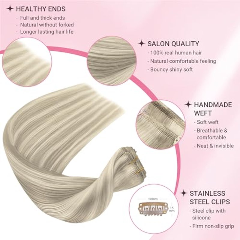 MAXITA Clip in Hair Extensions Real Human Hair, 18 Inch 7 pcs Ash Blonde Highlighted Platinum Blonde 80g, Extensions Clip ins for Woman