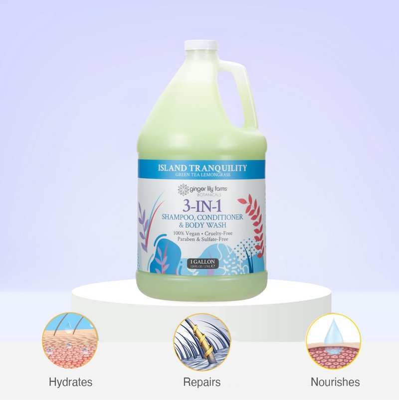 Ginger Lily Farms Botanicals 3-in-1 Shampoo, Conditioner & Body Wash, Island Tranquility, 100% Vegan & Cruelty-Free, Green Tea & Lemongrass Scent, 1 Gallon (128 fl oz) Refill