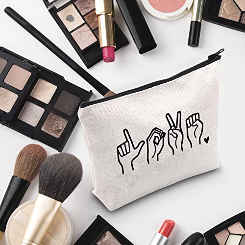 G2TUP American Sign Language Gift Love Sign Language Makeup Bag ASL Cosmetic Bag ASL Teacher Thank You Gift Deaf Community Gift Zipper Travel Bag (Love Sign Language White Bag)