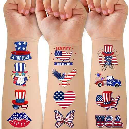 50 PCS Fourth of July Temporary Tattoos for Kids, Red White and Blue Themed Tattoos for Birthday Party Supplies USA Flag Memorial Day Independence Day Labor Day Tattoo Stickers for Kids Boys Girls