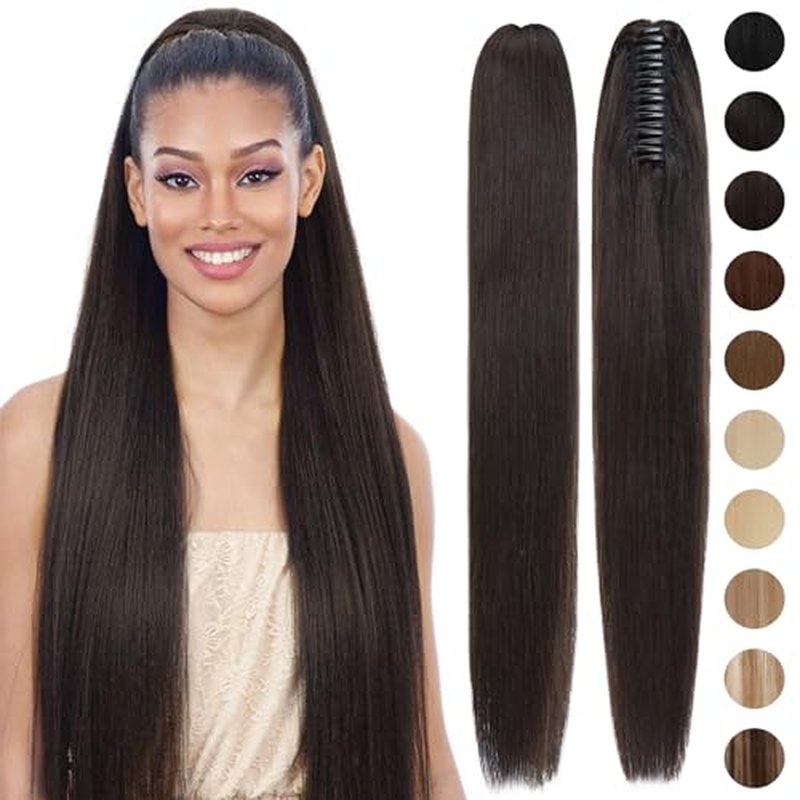 S-noilite Claw Clip Ponytail Extension Human Hair #1B Natural Black Real Remy Human Hair Ponytail Extension 18inch Long Straight Hair Pony Tails Hair Extensions For Women 115Grams