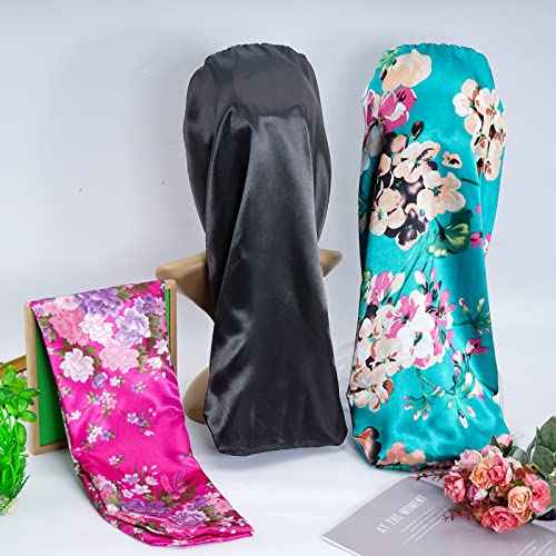 3 Pcs Long Satin Bonnet Sleep Cap,Extra Long Bonnet for Braids,Comfortable Braid Bonnet for Sleeping,Silk Bonnet for Women Dreadlocks,Long Hair,Soft Elastic Band (Black, Green, Red)