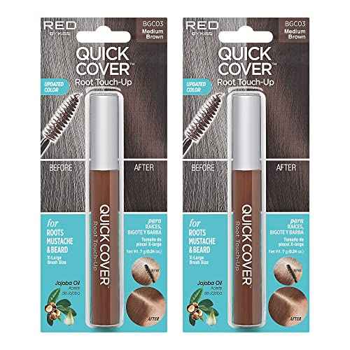 RED by KISS Quick Cover Root Touch Up Rescue (Medium Brown 2 Pack), Mascara Natural Water-Resistant Temporary Gray Concealer Cover Up Brush for Hair Mustache & Beard, Formulated with Jojoba Oil