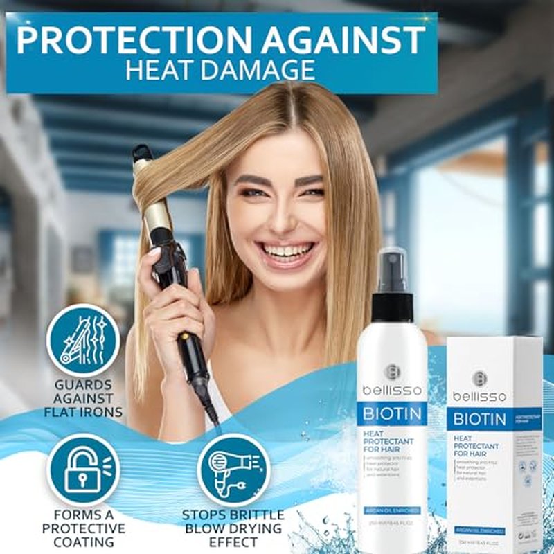Biotin Heat Protection Hair Spray with Moroccan Argan Oil - Thermal Resistant Styling Products for Women - Frizzy, Black and Curly Hair - Anti Frizz, Leave In Conditioner - Flat Iron and Blow Dry