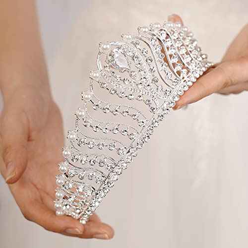 JWICOS Silver Pearl Crown for Women Queen Crown and Tiara for Women Crystal Rhinestone Princess Tiaras Crowns Wedding Hair Accessories for Bride Birthday Party Prom