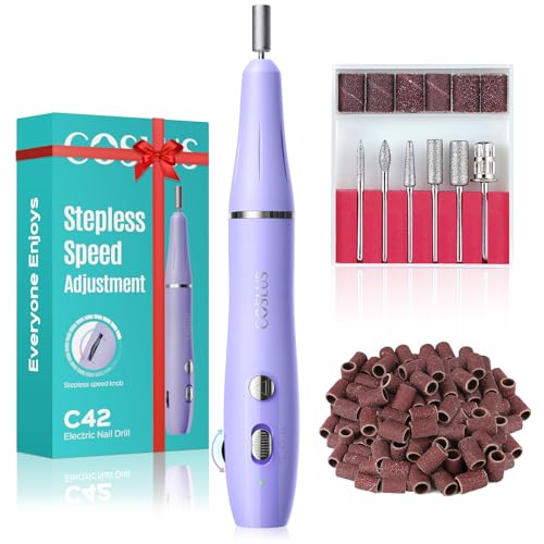 COSLUS Cordless Electric Nail Drill File: Nail Drill Machine with Stepless Speed Knob for Acrylic Gel Dip Powder Polish, Professional Portable Manicure Pedicure Rechargeable for Home Salon Use Purple