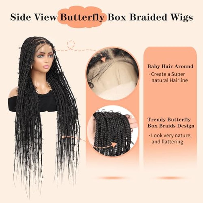 36" 13x8 HD Lace Front Braided Wigs for Women Knotless Box Braided Wigs Butterfly Braided Wig with Baby Hair Free Parting Synthetic Hair Braided Lace Front Wigs Natural Black
