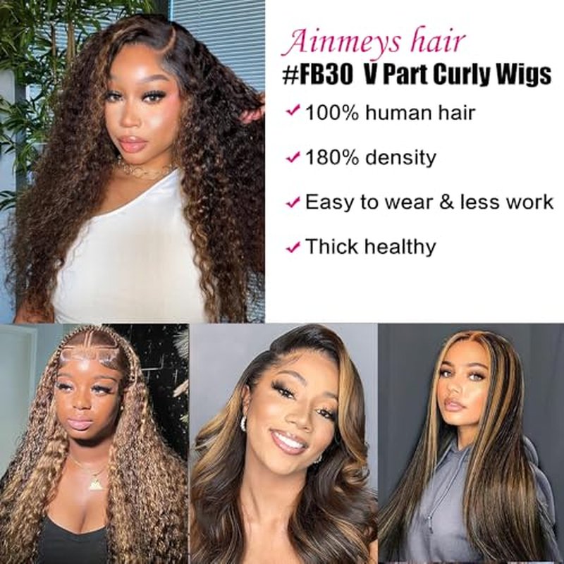 Ainmeys Curly V Part Wigs Ombre Brown V Shape Wigs for Black Women No Leave Out Lace Front Wigs Upgrade U Part Wigs Glueless Full Head Clip In Half Wigs(#FB30 18IN)