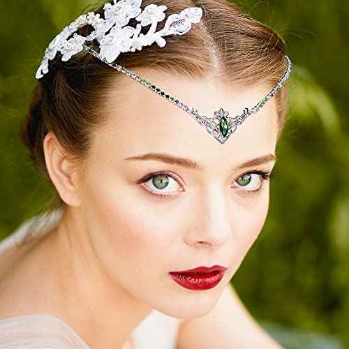 MOSTORY Handmade Green Crystal Tiara for Princess Wedding Rhinestone Fairy Crown Headband for Bridal Shower V-shape Woodland Elf Headpiece for Women Queen Bachelorette Party Medieval Fair Proms