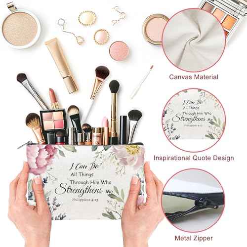 24PCS Christian Canvas Makeup Bags Bulk Inspirational Cosmetic Bags for Women Bible Verse Canvas Zipper Pouch Bulk Religious Makeup Organizer Bags Christian Gifts for Women(Flower)