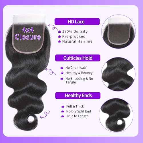 4X4 Body Wave HD Transparent Lace Closure 12 Inch Wet and Wavy 12A Brazilian Virgin Human Hair Lace Closure Natural Black