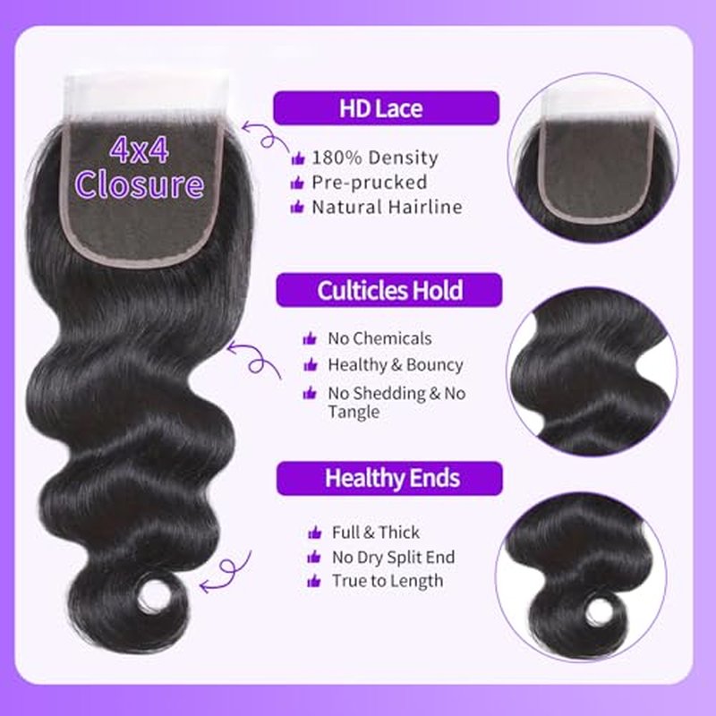 Transparent HD Lace Closure Body Wave Human Hair Closure 4x4 12A Brazilian Virgin Hair Pre Plucked Lace Closure Human Hair Natural Black