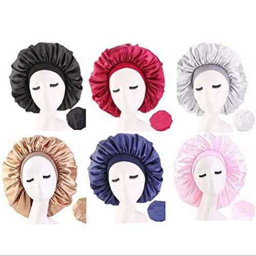 Deepth 6 Pieces Extra Large Sleep Cap Jumbo Cap Large Satin Bonnet with Comfort Elastic Band (Solid 6pack)